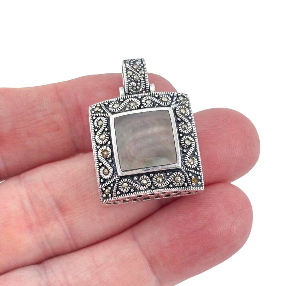 Vintage Sterling Silver 925 Marcasite Mother of Pearl Pendant